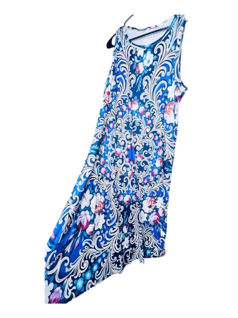 NWOT Blue Floral Scroll Print Asymmetrical Maxi Dress – Size XL